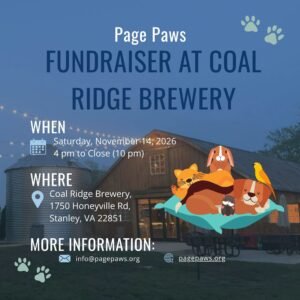 Graphic showing information for Page Paws Fundraiser event at Coal Ridge Brewery
