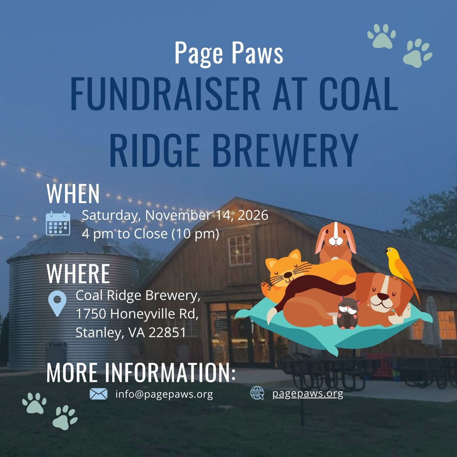 Graphic showing information for Page Paws Fundraiser event at Coal Ridge Brewery